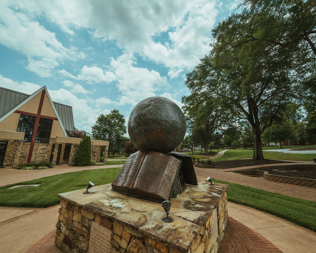 Globe statue in front of the NGU Prayer Chapel