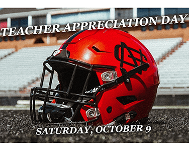 Football helmet background with text saying "Teacher Appreciation Day. Saturday, October 9".