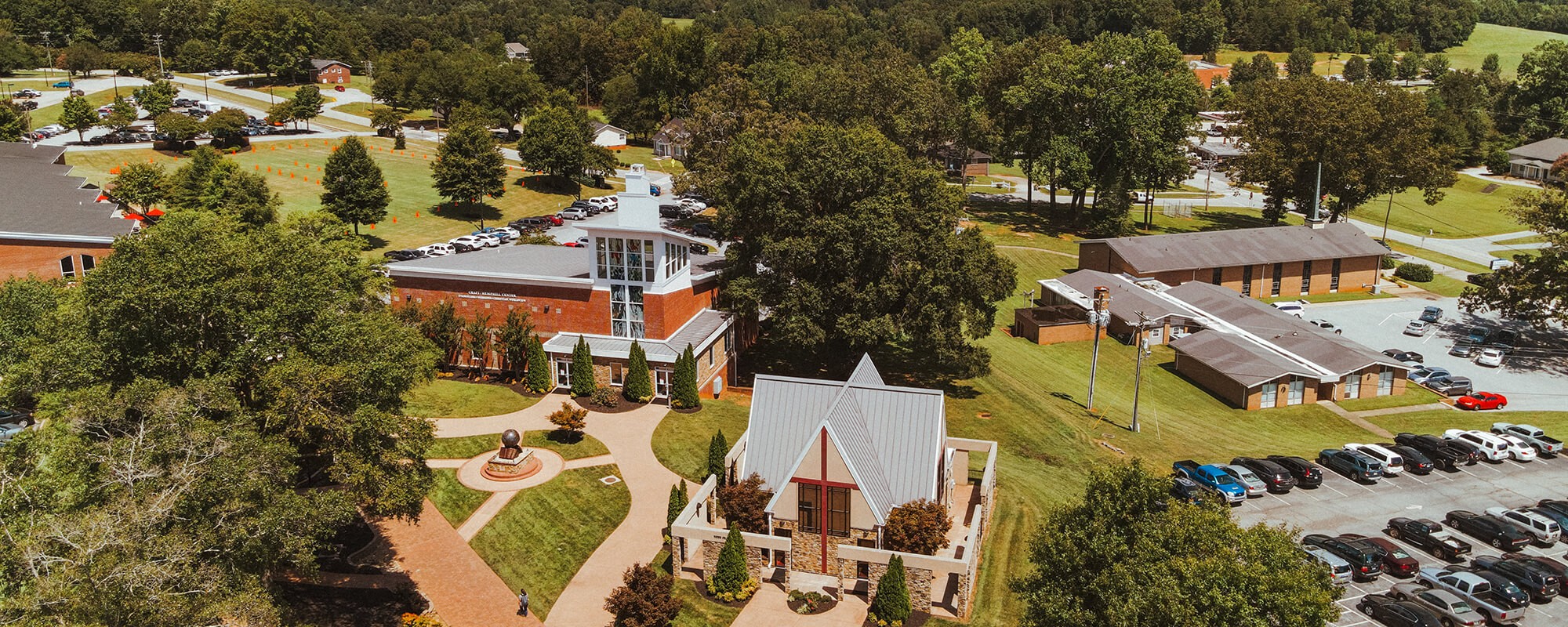 campus drone shot of the Prayer Chapel and the Craft-Hemphill building